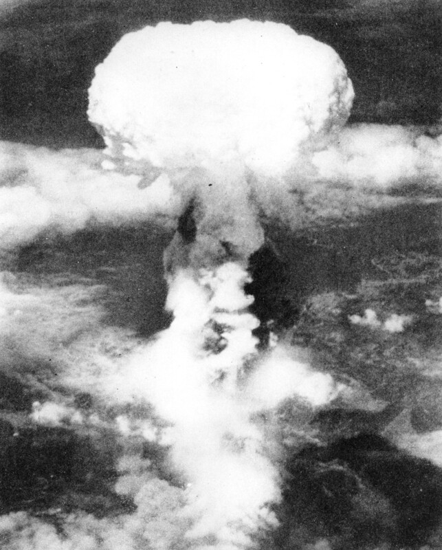 Photograph of the mushroom cloud over Nagasaki after the dropping of the atomic bomb.