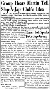 Article on the formation and plans of the "Slap-a-Jap" Club as a war fundraiser for students.