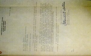 A color copy of a letter sent to President Tatsuo Morito from University of Idaho Professor Merrill E. Deters, in the letter Professor Deters offers Hiroshima University a check for $3, two samples of seeds, and a book entitled Foundations of Silviculture by James W. Toumey. 