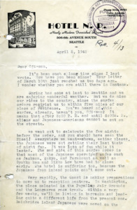 Letter to George Shitamae from his niece Fumiko discussing the curfew and evacuation set in place for those of Japanese ancestrty.