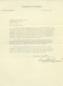 University of California, Berkley's President Sproul inquires if the University of Idaho would accept Japanese-American students that were being forced to relocate away from the University of California, Berkley.