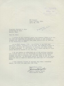 Pastor Hughes from First Baptist Church in Coeur d'Alene, Idaho encourages President Dale to allow Japanese students to relocate to the University of Idaho.