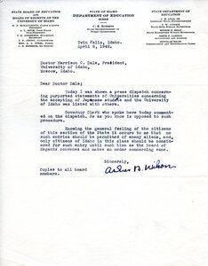 Wilson urges President Dale to only allow Japanese students who are Idaho citizens into the university, at least until the Board of Regents meets to make an order.