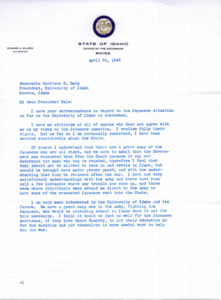 Letter to President Dale detailing the Governor's desire that those with Japanese ancestry should not be allowed to relocate and settle in the State of Idaho, but be "brought here under proper guard." He also states that Japanese Americans should put aside their education for the duration of the war and put themselves to work on something that would help win the war.