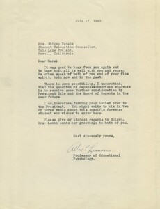 Letter informing Haru Tanabe that President Dale and the Board of Regents were receiving further consideration.