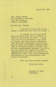Response to letter Haru Tanabe regarding the admittance of relocated Japanese American students.