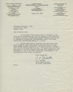 Letter stating that the Board of Regents of the University of Idaho has voted to not allow non-resident Japanese Americans to enroll in on-campus or correspondence courses.
