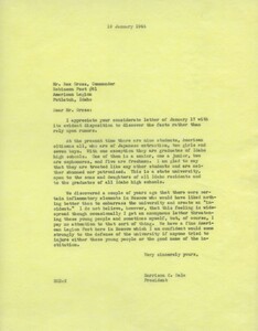 Response to letter from Commander Gross of the American Legion in Potlatch, Idaho about the treatment of Japanese American students at the University of Idaho.
