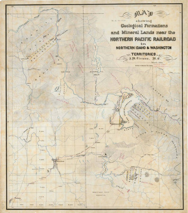 Map of geological formations and mineral lands near Northern Pacific Railroad in northern Idaho and Washington. Includes Spokane, Pend D'Oreille River and Lake and Lake Coeur D'Alene.   1 in. to 4 miles   1 ms. map: col. ; 87 x 77 cm.     