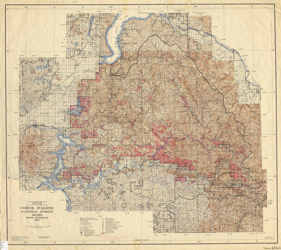 US Dept. of Agriculture Forest Service map of the Coeur D'Alene National Forest, Idaho, Boise Meridian 1948