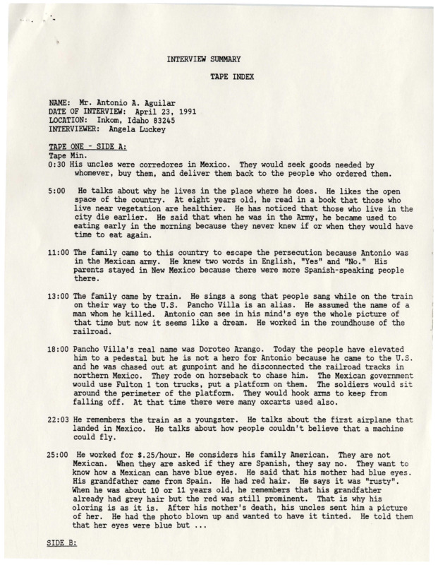 Summary with interview with Antonio A. Aguilar.