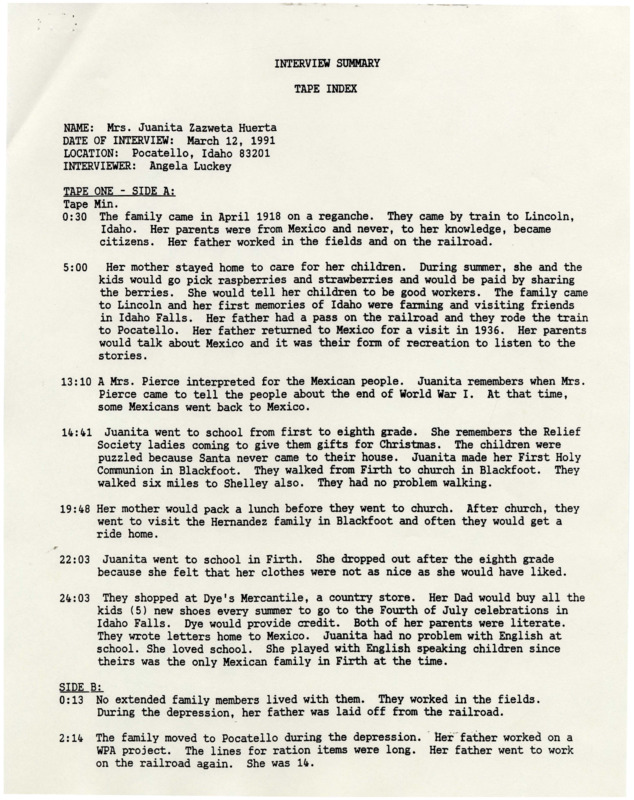 Summary of interview with Juanita Zazweta Huerta.