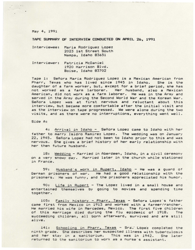 Summary of interview with Maria (Mary) R. Lopez.