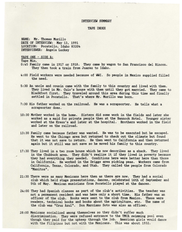 Summary of interview with Thomas Murillo.