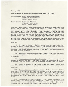 Summary of interview with Maria (Mary) R. Lopez.