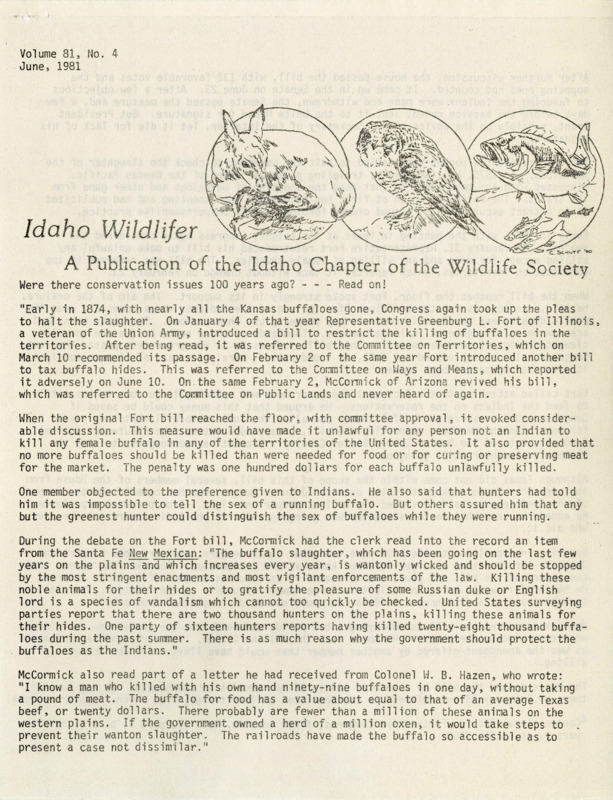 An Idaho Wildlifer publication on conservation issues, chapter honors, committees, memberships, parties, meeting minutes, and a letter from Daniel A. Poole.