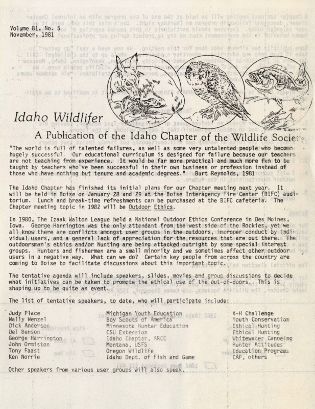 An Idaho Wildlifer publication on outdoor ethics, ICTWS election candidates, awards, ICTWS item sales, nominee form, and a ICTWS election ballot.
