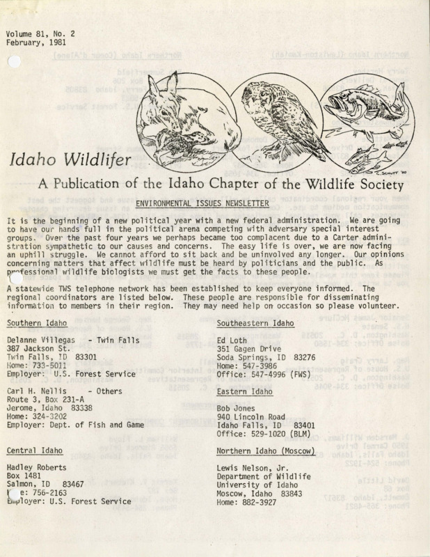An Idaho Wildlifer publication, no.2 of volume 81, with an environmental issues newsletter, and information on topics such as the sagebrush rebellion, fish and game funding package, and two empty petition forms.