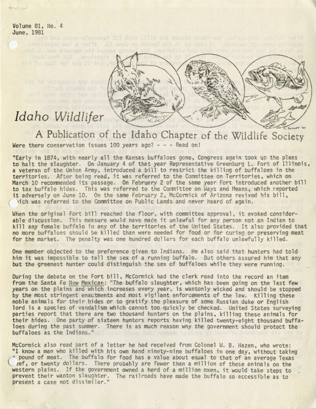 An Idaho Wildlifer publication on buffalo killings, awards, memberships, parties, meetings, and a letter from Daniel A. Poole.