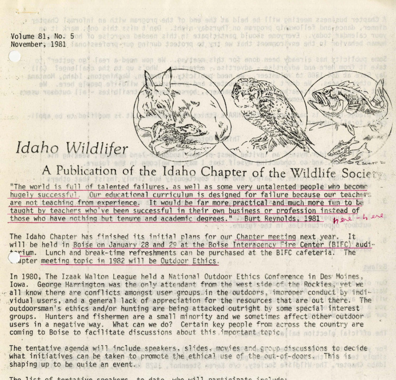 An Idaho Wildlifer publication on organization meetings, bylaws, awards, and forms.