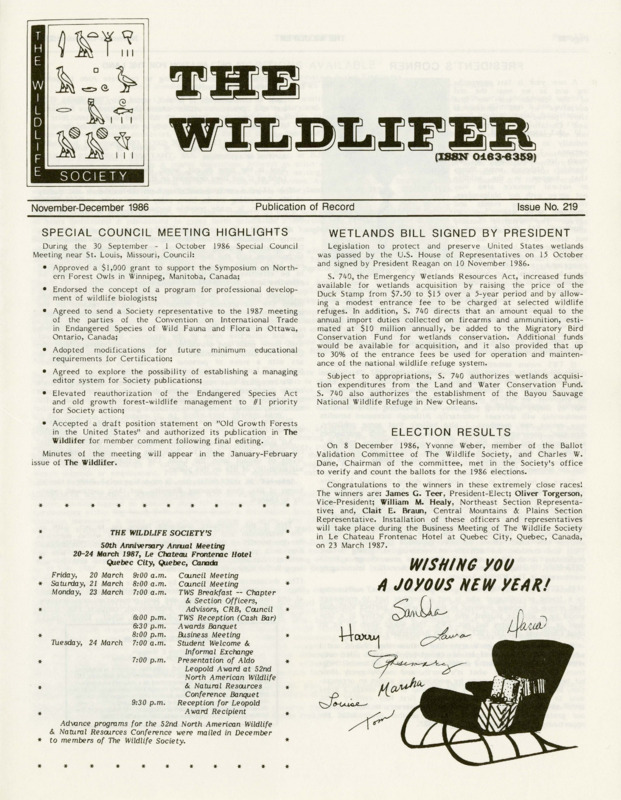The Wildlifer publication on meetings, wetlands bill, election results, land declaration, certification, reports, and fellowship.