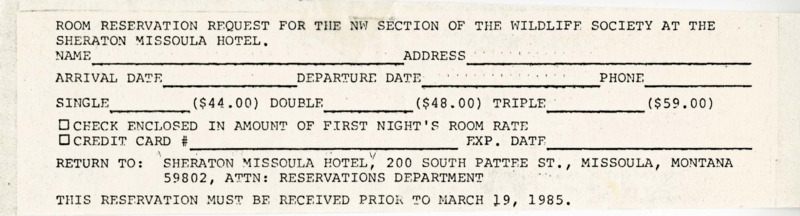 A Northwest Wildlifer publication on election results, yellowstone grizzlies, and meetings. An additonal document is a room reservation card for the Sheraton Missoula Hotel.