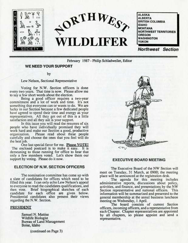 A Northwest Wildlifer publication on the N.W. section officers election, meetings, event agenda, and hotel and conference registrations.