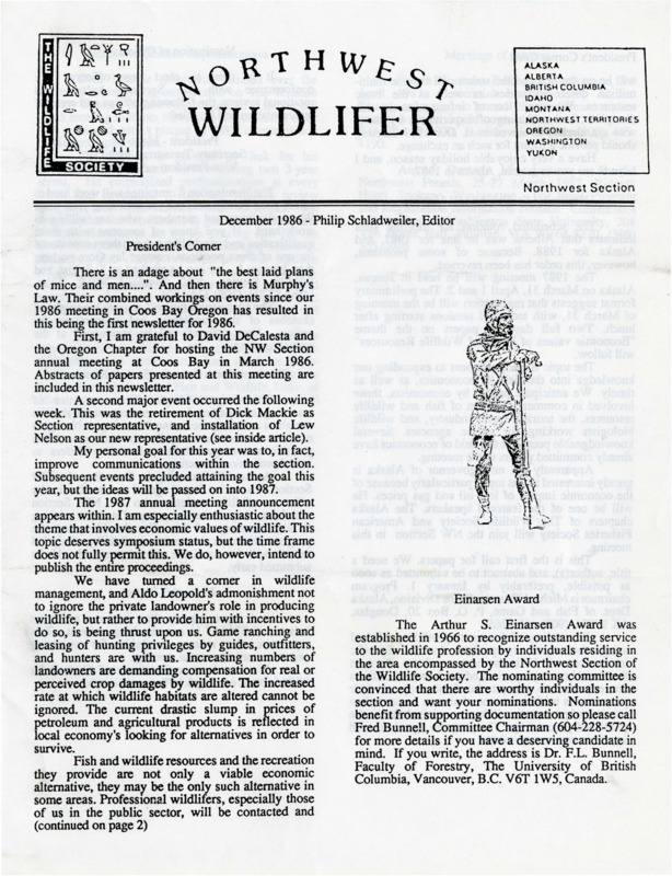 A Northwest Wildlifer publication on awards, officer nominations, meetings, reports, the riparian zone, and law enforcement.
