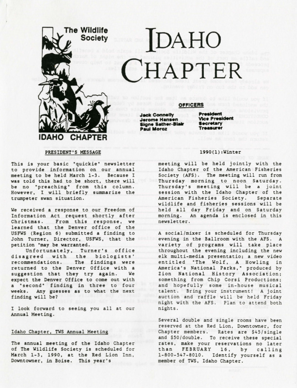 An ICTWS report on the annual meeting, 1990 benefit auction and raffle, volunteer form, and itinerary for a join meeting of the Idaho Chapter of The Wildlife Society and The American Fisheries Society.