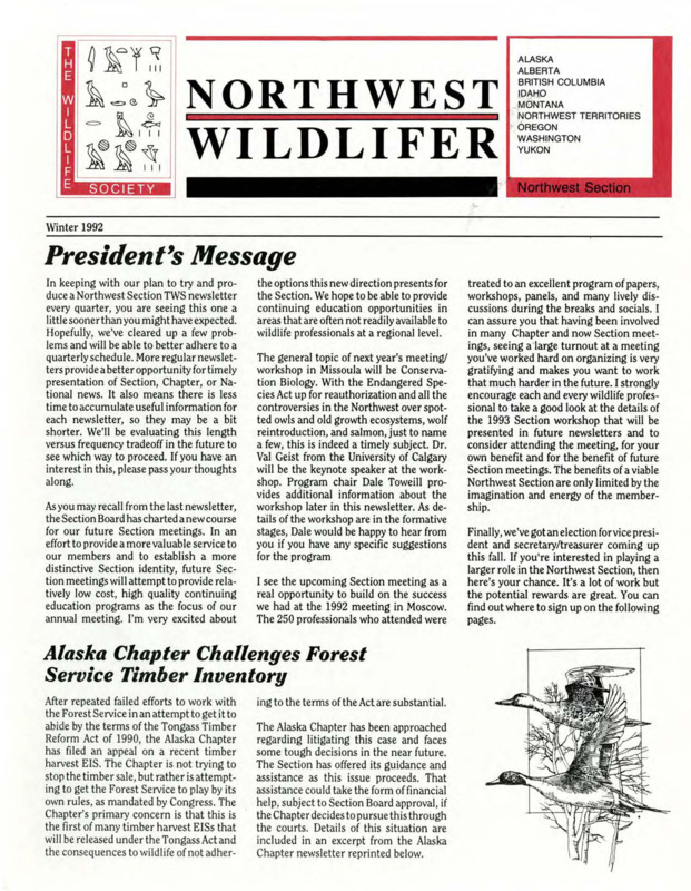 Northwest Wildlifer Winter 1992 including a President's message, news, and calls for papers.