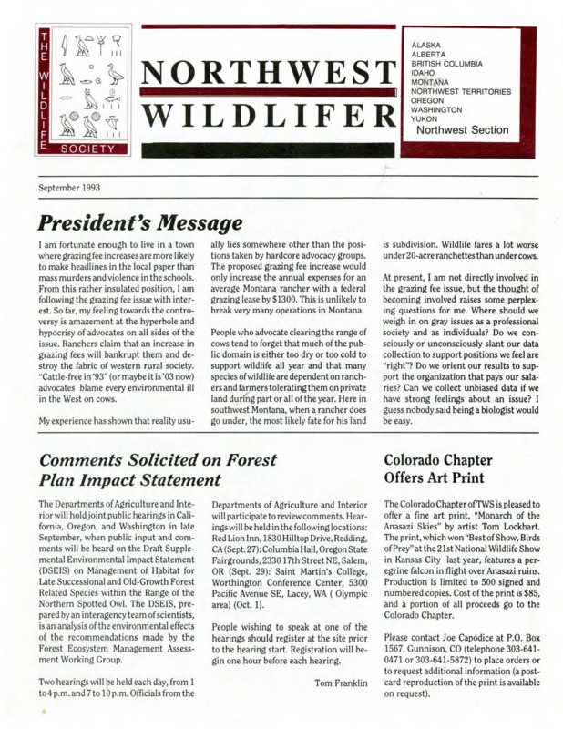 Northwest Wildlifer September 1993 including President's Message, news, meetings of interests, and chapter activities. Editor Dale Toweill.