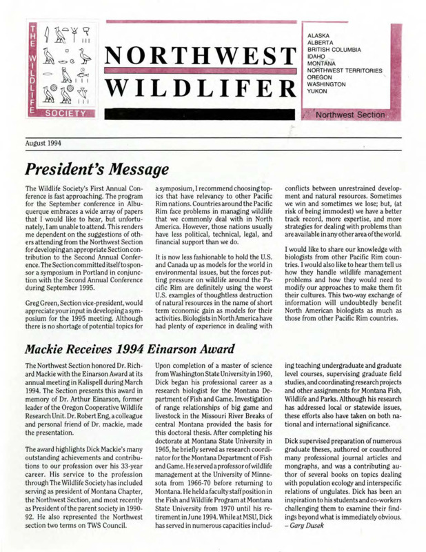 Northwest Wildlifer August 1994 including President's Message, news, meetings of interest, and chapter activities.