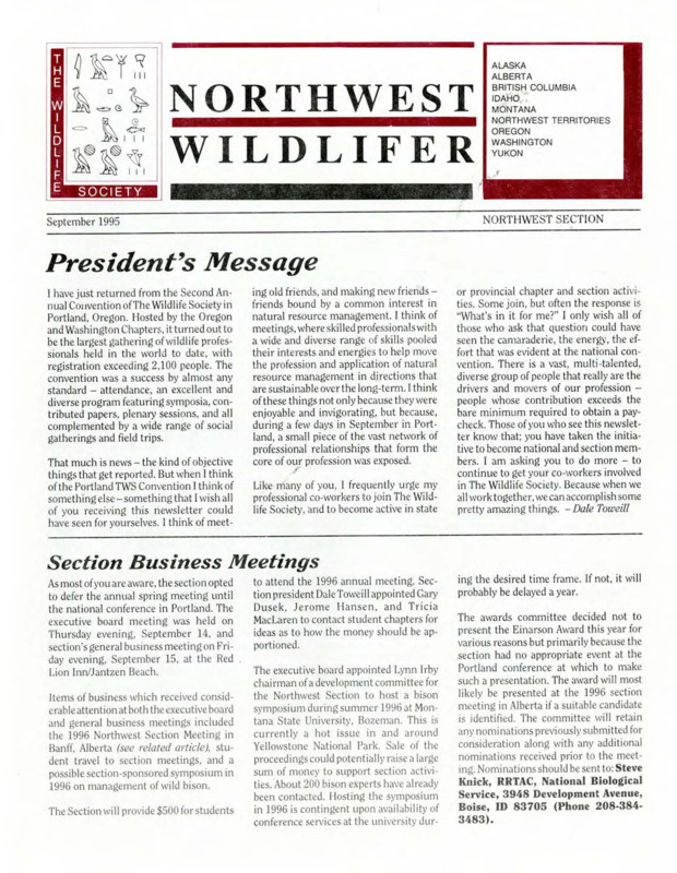 Northwest Wildlifer September 1995 including President's Message, news, meetings of interest, and chapter activities. Editor: Gary Dusek.