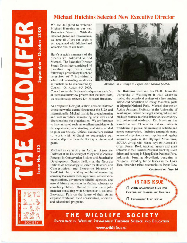 Wildlifer issue no.332, featuring news, activities, call for papers and posters, endowmen campaign recap, and meetings of interest.