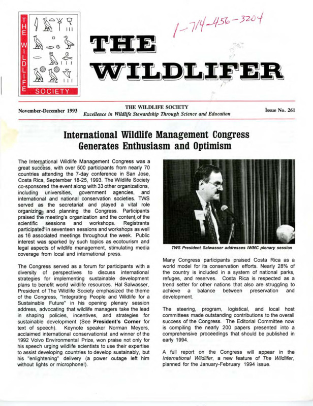 The Wildlifer Issue No. 261 including news, call for nominations, activities, meeting highlights, and meetings of interest.