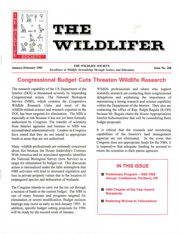 The Wildlifer Issue No. 268 including news, conference information, wildlife policy activities, reports, meetings of interest, and available positions.