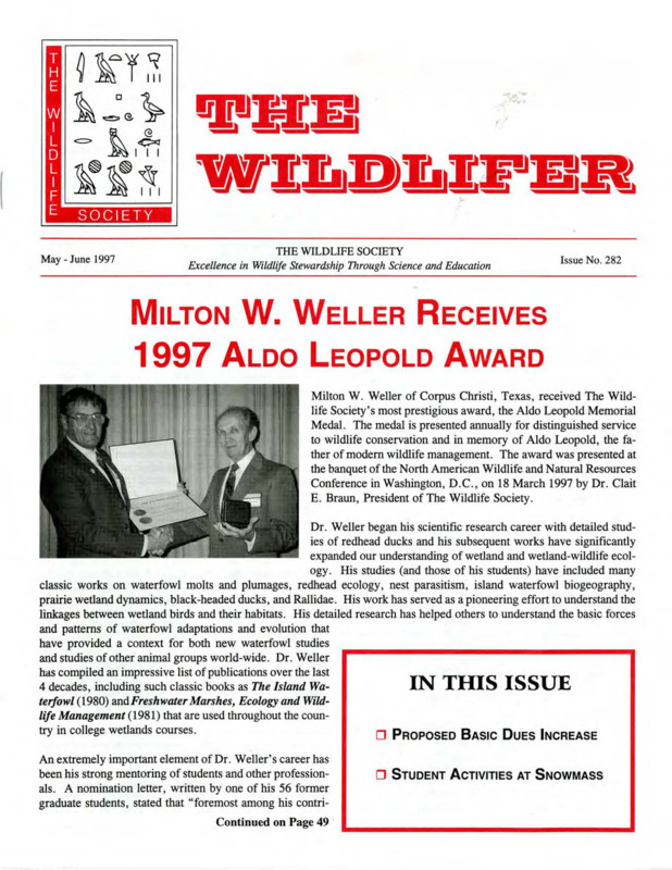 The Wildlifer Issue No. 282 including news, wildlife policy activities, president's corner, reports, workshops and courses of interest, meetings of interest, and available positions.