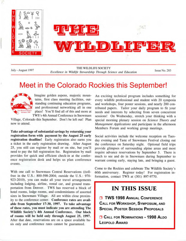 The Wildlifer Issue No. 283 including news, wildlife policy activities, president's corner, conference information, meeting highlights, reports, workshops and courses of interest, and meetings of interest.