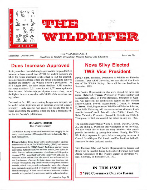 The Wildlifer Issue No. 284 including news, wildlife policy activities, president's corner, conference information, reports, workshops and courses of interest, and meetings of interest.