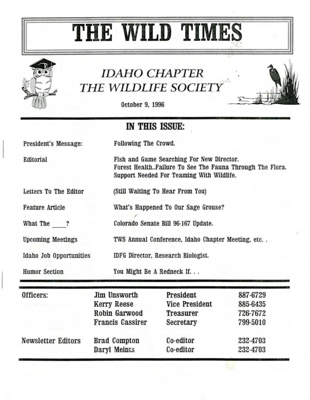 The Wild Times October 1996 issue including President's message, editorial, letters to the editor, feature article, Colorado Senate Bill 96-167 Update, upcoming meetings, Idaho job opportunities, and a humor section.
