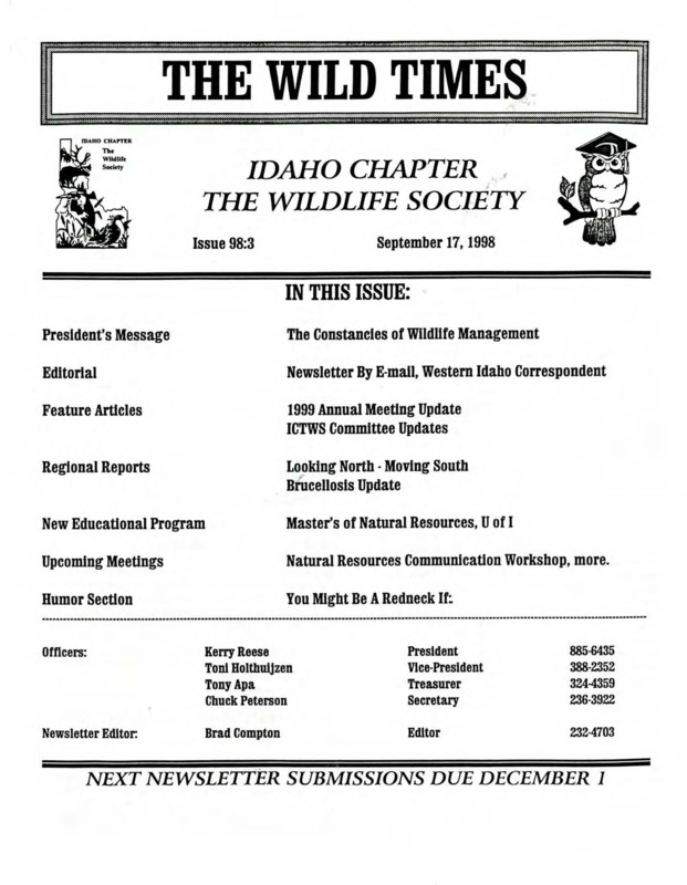 The Wild Times Issue 98:3 including President's message, editorial, feature articles, regional reports, new educational program, upcoming meetings, and humor section.