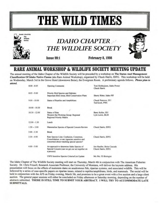 The Wild Times Issue 99:1 including meeting update and meeting information.