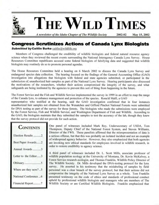 The Wild Times Issue 2002:02 including election results, best paper awards, annual awards, letter to the editor, obituary, "Where are they now?," national conference, and financial report.