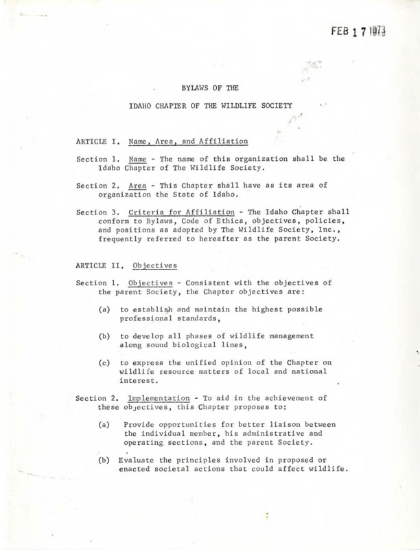 Document listing the bylaws of the Idaho Chapter of the Wildlife Society.