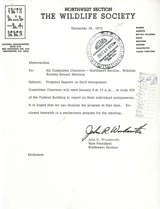 Memorandum from John R. Woodworth regarding progress reports. Item includes a preliminary program for the Northwest Section meeting.