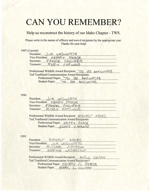 Partially filled out worksheet of officers and award recipients from 1963-1997.