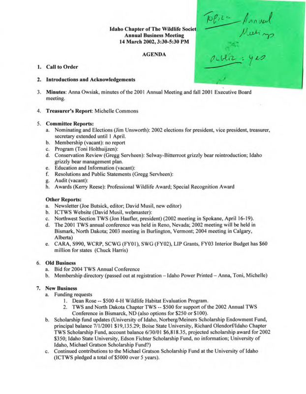 2002 Idaho Chapter of the Wildlife Society annual meeting agenda and financial documents.