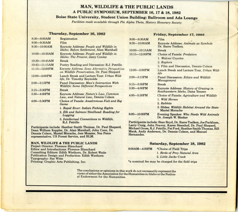 Man, Wildlife & the Public Lands, a public symposium agenda. Two copies of an article from the Idaho Statesman, "Recalling the good-old days."