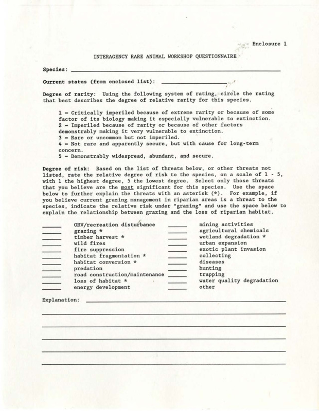 Empty form, titled "Interagency Rare Animal Workshop Questionnaire."