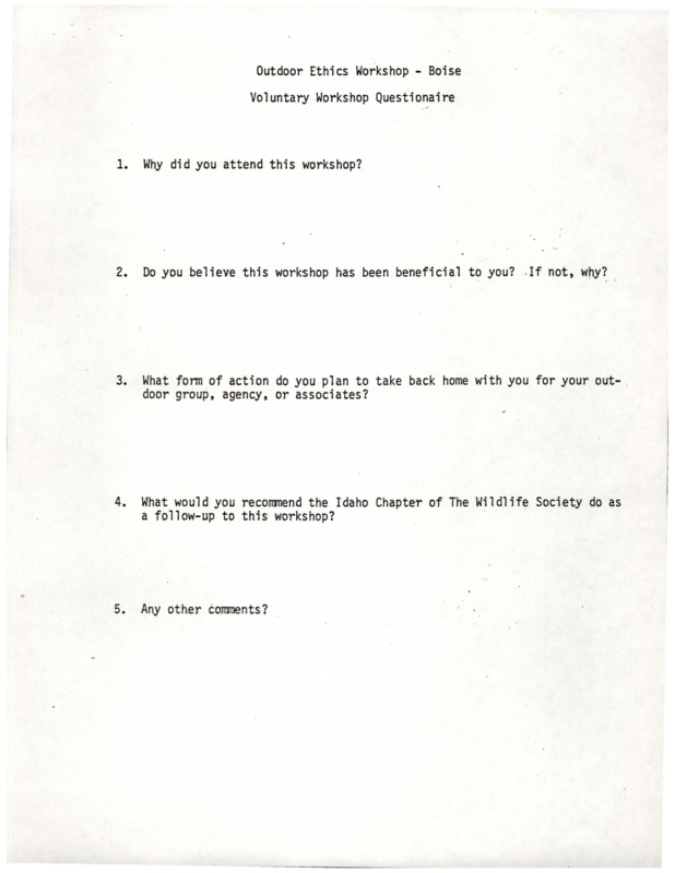 A questionnaire for the outdoor ethics workshop post-activities, and a facilitator's worksheet.